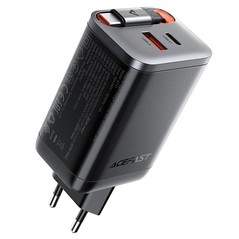 מטען קיר Acefast A111 67W GaN | כבל USB-C נשלף מובנה + USB-C + USB-A