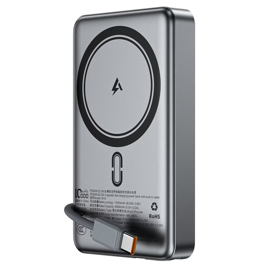 מטען נייד מגנטי Acefast M18 10,000mAh | MagSafe אלחוטי 15W + כבל מובנה