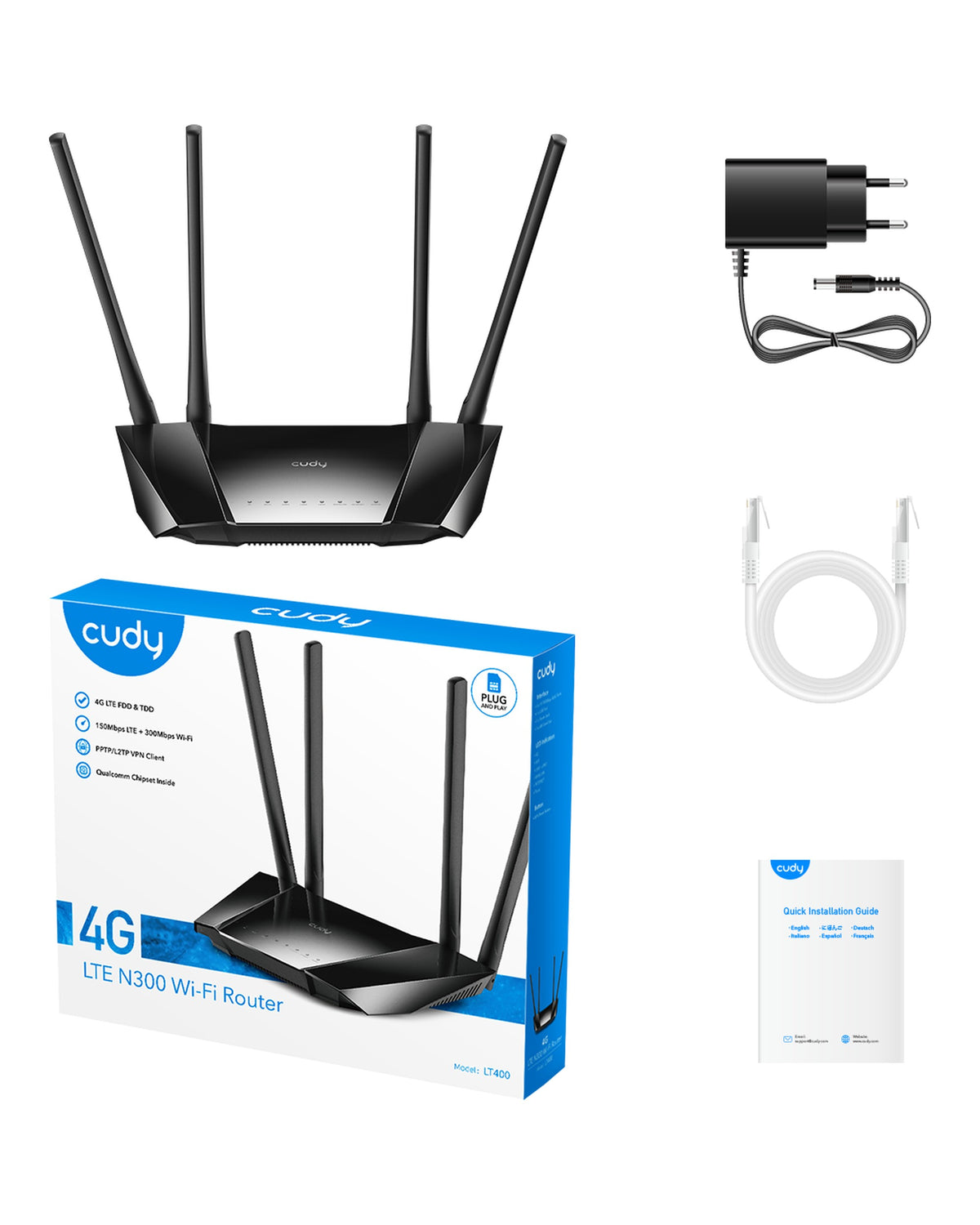 ראוטר סלולרי Cudy LT400 4G LTE N300 עם 4 יציאות רשת