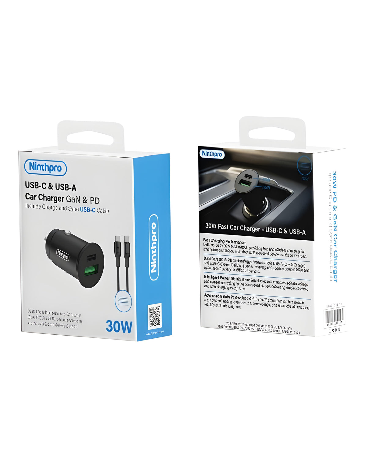 מטען רכב Ninthpro 30W + כבל USB-C ל-USB-C | ערכת רכב מלאה