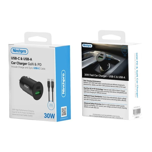מטען רכב Ninthpro 30W + כבל USB-C ל-USB-C | ערכת רכב מלאה