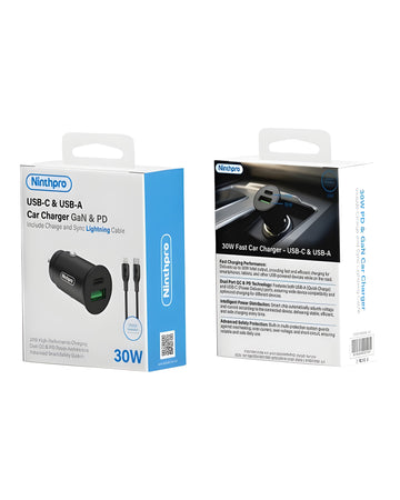 מטען רכב Ninthpro 30W + כבל USB-C ל-Lightning | ערכת רכב מלאה