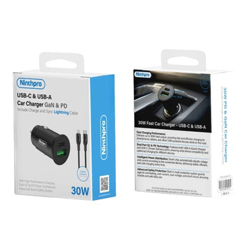 מטען רכב Ninthpro 30W + כבל USB-C ל-Lightning | ערכת רכב מלאה