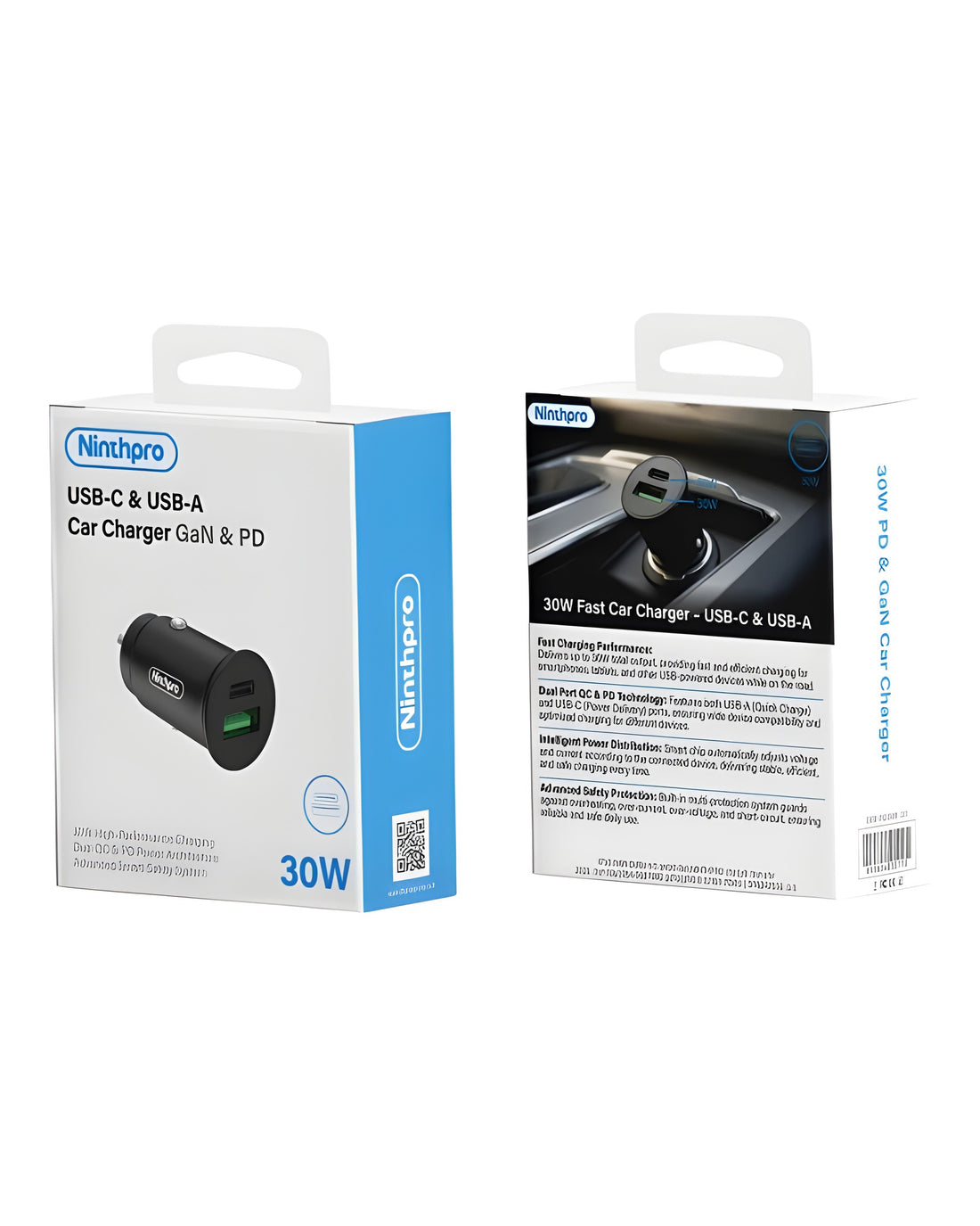 מטען רכב Ninthpro 30W GaN | USB-C + USB-A