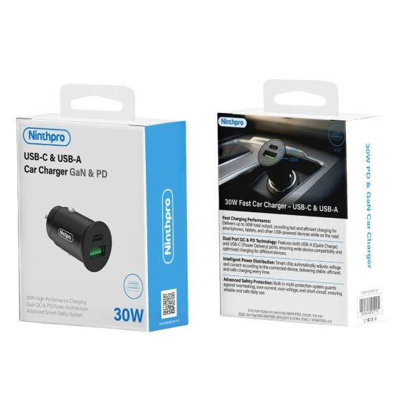 מטען רכב Ninthpro 30W GaN | USB-C + USB-A