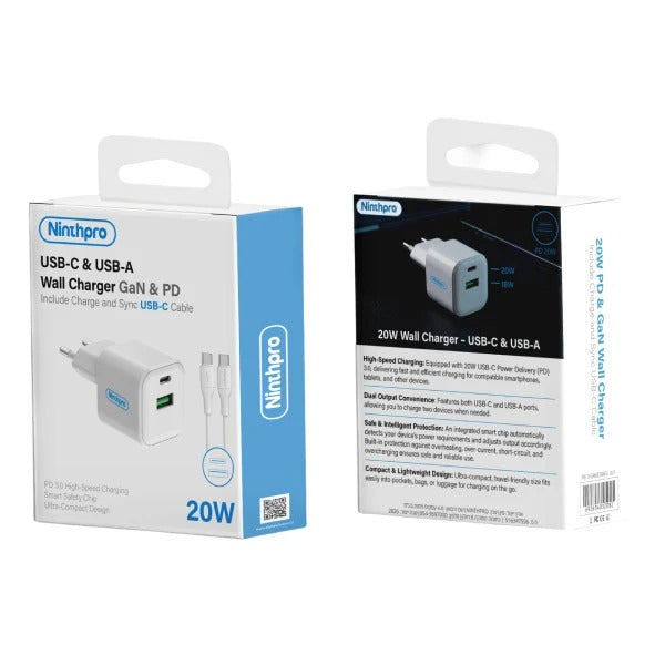 מטען קיר Ninthpro 20W + כבל USB-C ל-USB-C | ערכת טעינה מלאה