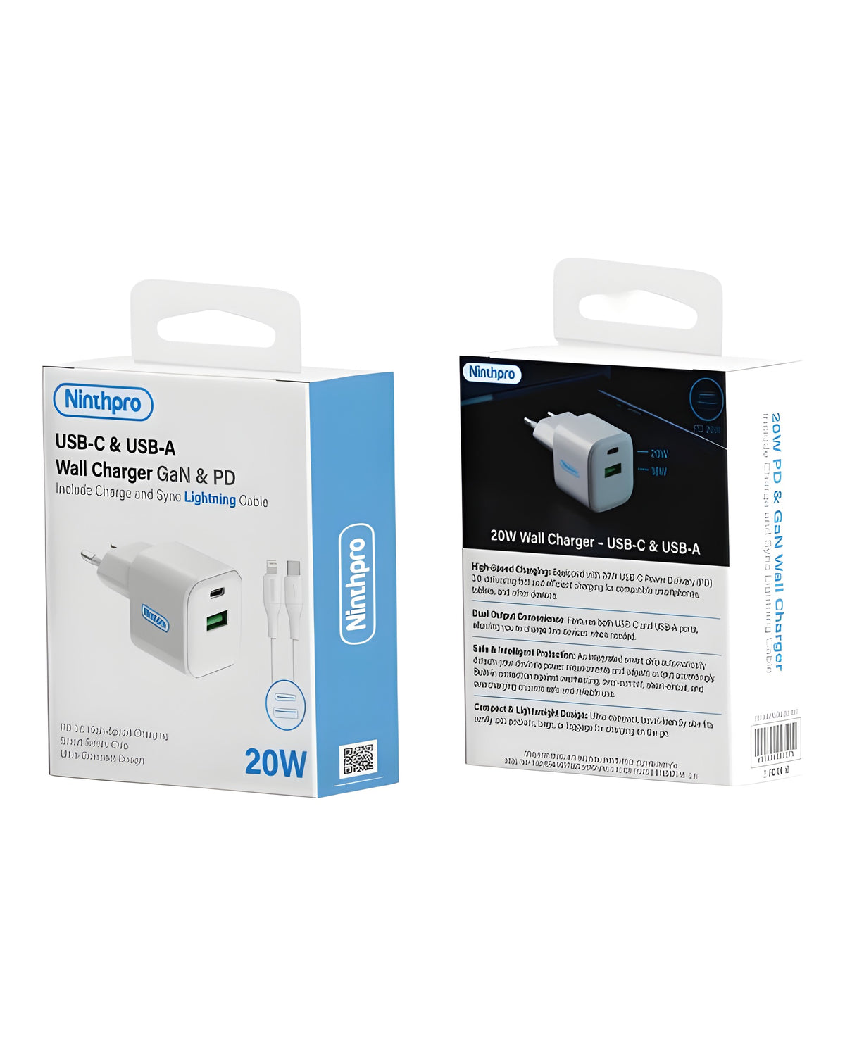 מטען קיר Ninthpro 20W + כבל USB-C ל-Lightning | ערכת טעינה מלאה