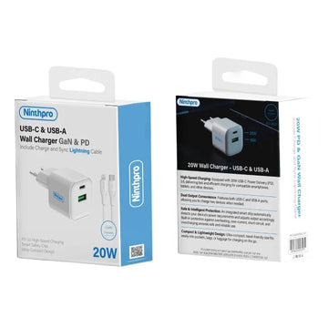 מטען קיר Ninthpro 20W + כבל USB-C ל-Lightning | ערכת טעינה מלאה