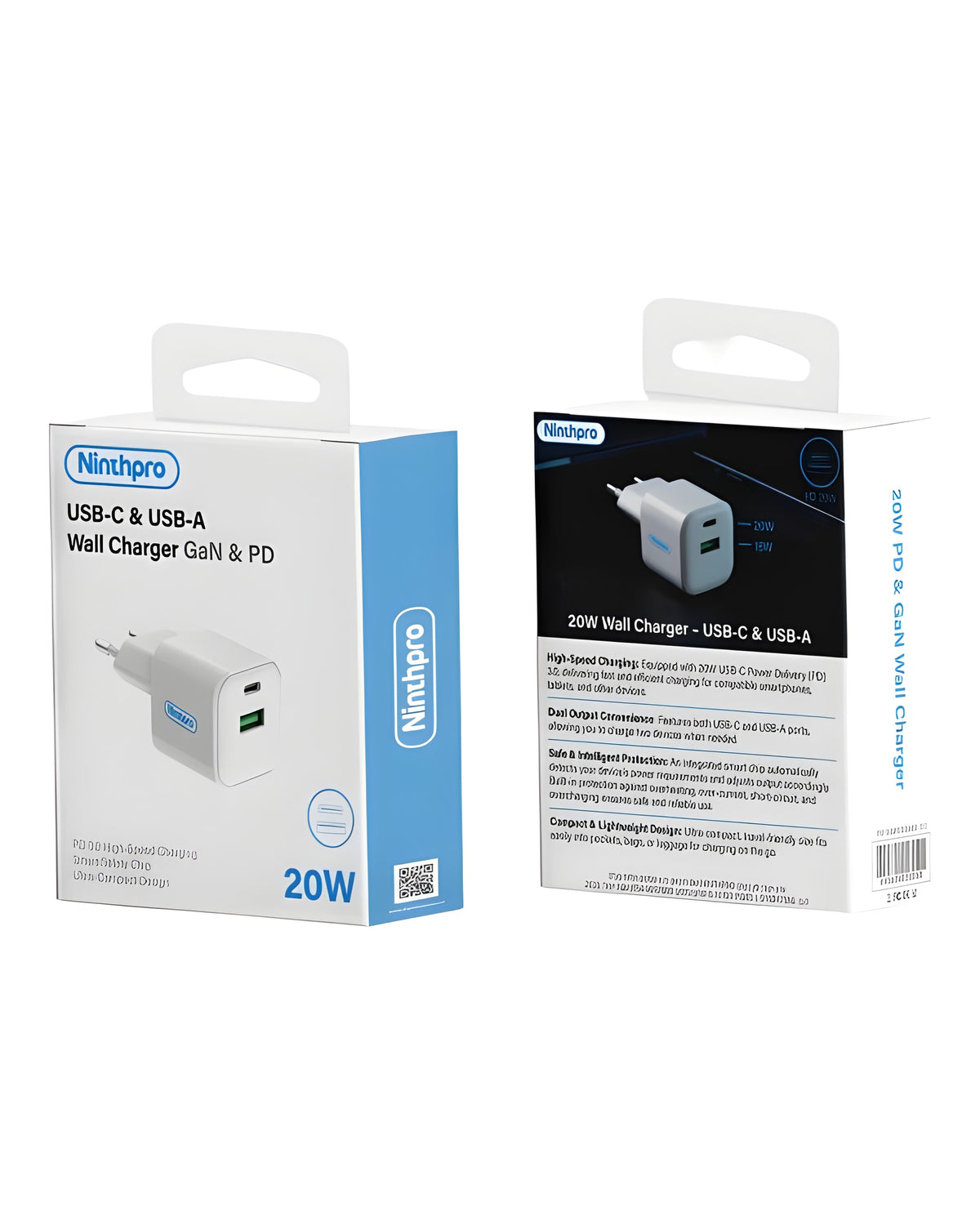 מטען קיר Ninthpro 20W GaN | USB-C + USB-A