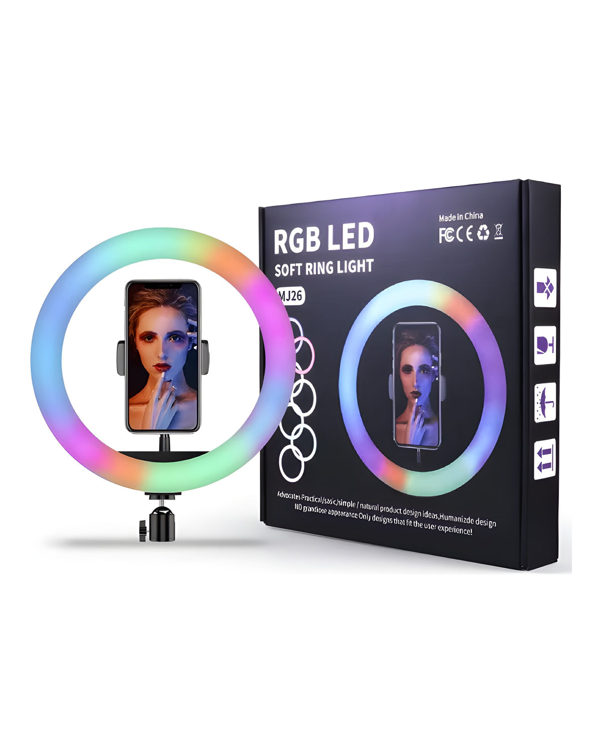רינג לייט RGB LED צבעוני 26 ס"מ MJ26 כולל חצובה בגובה 2 מטר