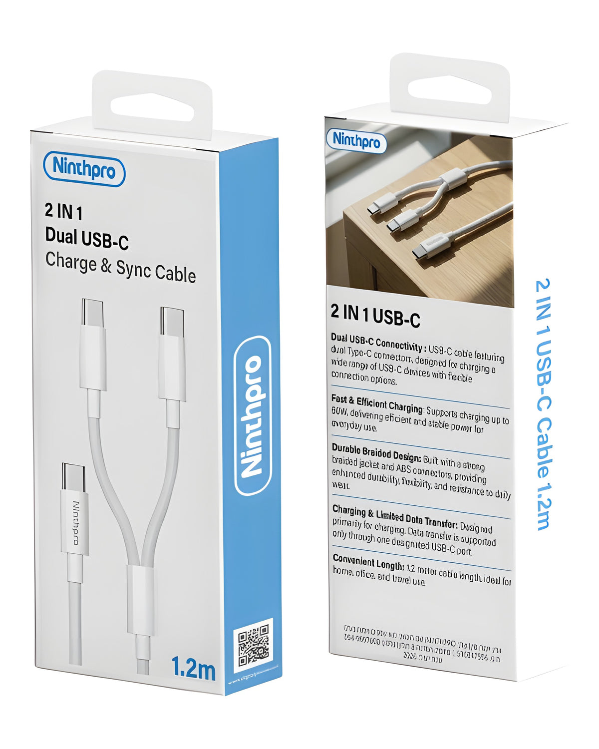 כבל טעינה 2 ב-1 USB-C ל-USB-C/USB-C Ninthpro