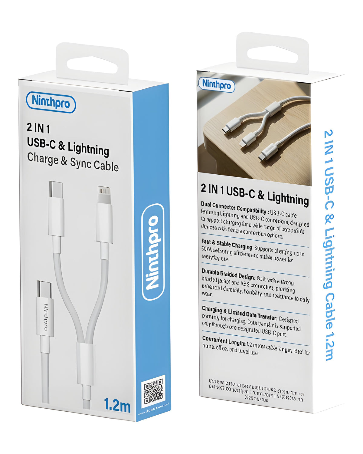 כבל טעינה 2 ב-1 Ninthpro USB-C ל-USB-C / Lightning