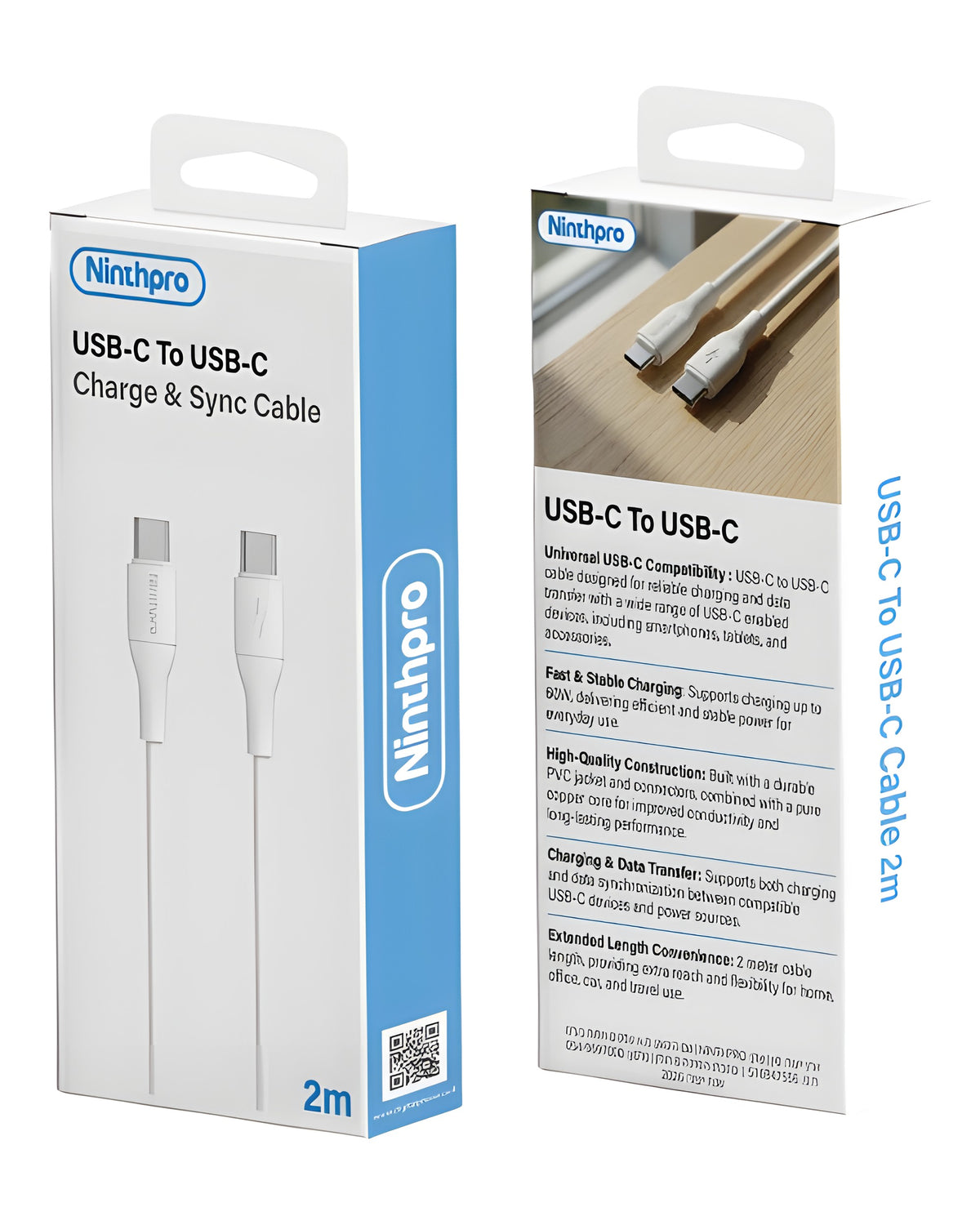 כבל טעינה ונתונים USB-C לUSB-C באורך 2 מטר Ninthpro