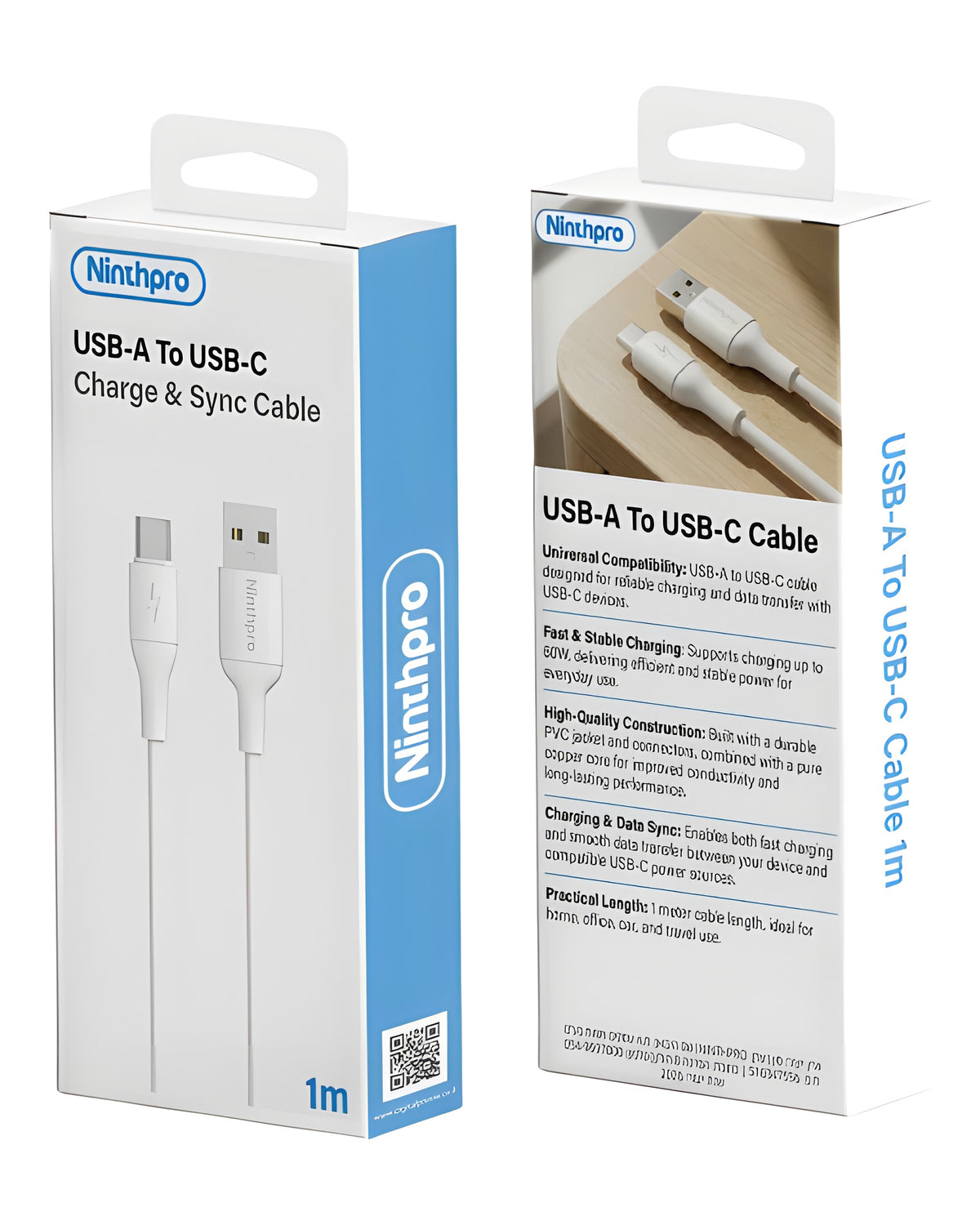 כבל טעינה ונתונים USB ל-USB-C Ninthpro באורך 1 מטר
