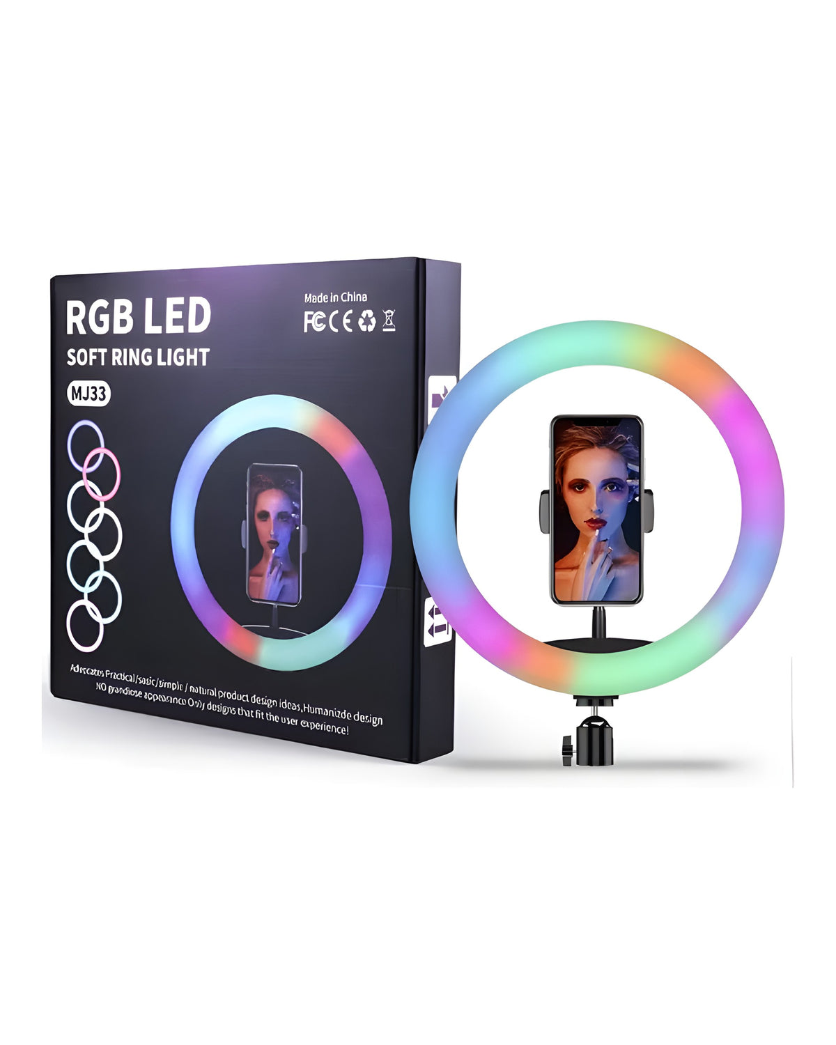 רינג תאורה צבעוני RGB LED MJ33 קוטר 33 ס"מ כולל חצובה