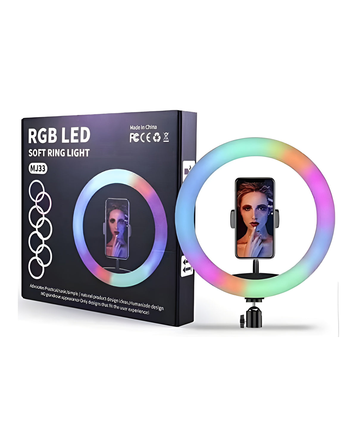 רינג תאורה צבעוני RGB LED MJ33 קוטר 33 ס"מ כולל חצובה